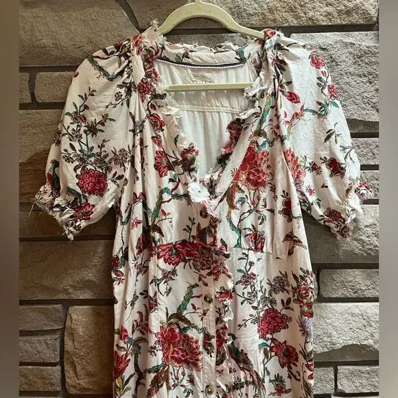 Anthropologie Pilcro Ruffle-Collar Buttondown Dress Cream Floral Boho Size 12